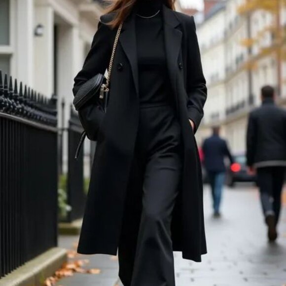 NWT Classic Black 100% Wool Double Breasted Belted Winter Coat - Picture 7 of 10